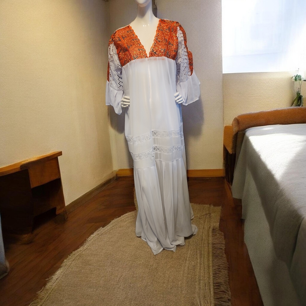 White Maxi Dress with Orange Embroidered Bodice - Boho Maxi
